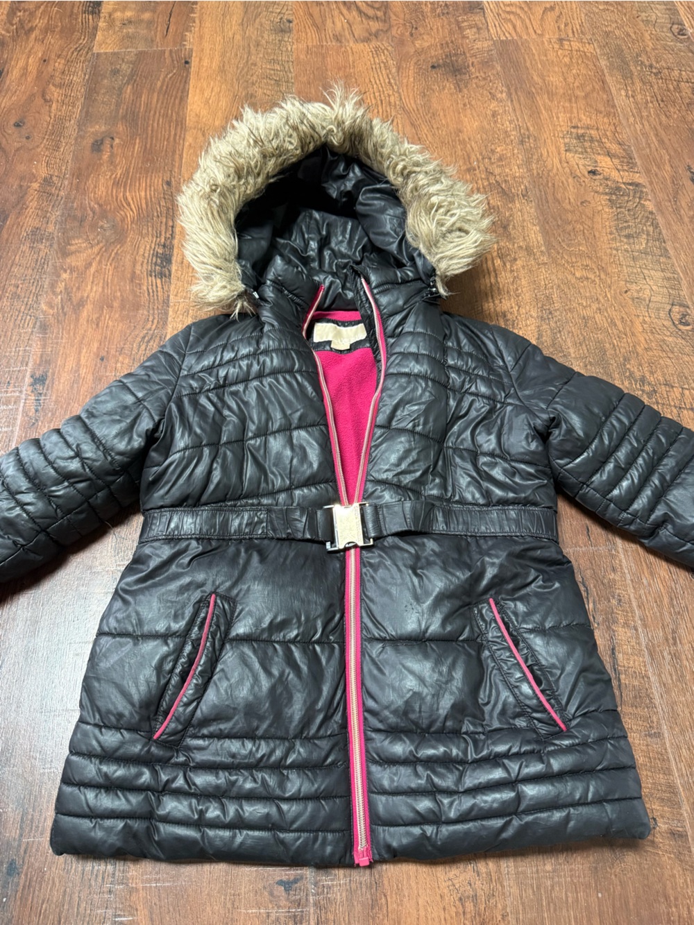 MICHAEL Michael Kors Black Quilted Puffer with Pink Trim and Faux Fur Hood